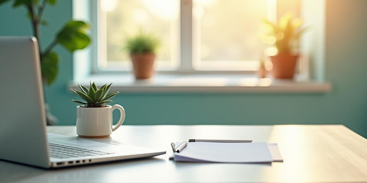A serene and organized office workspace with plants and soft sunlight
