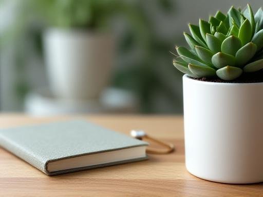 Close up of a mindful workstation with a small succulent and organized space