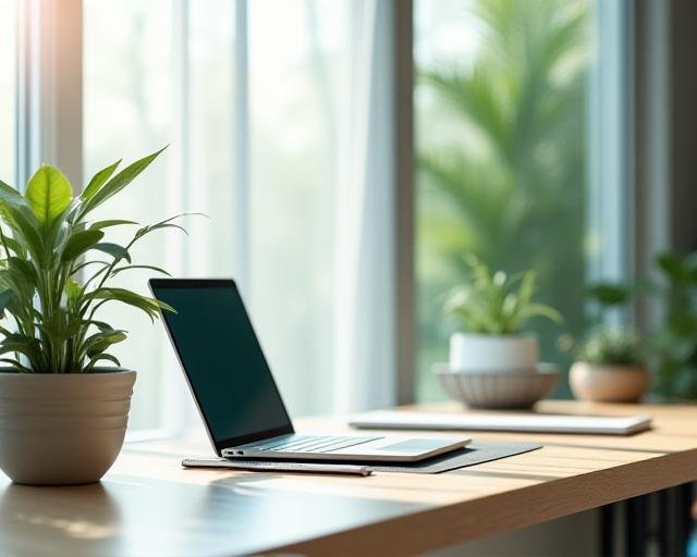 A serene office space merging nature and organized productivity tools