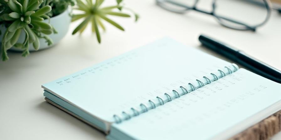 Soft morning light hitting a clean organized desk with a notebook and fountain pen